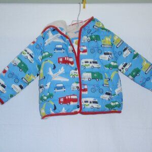 Mini Boden Blue Kids Puffer Jacket with Vehicle Print